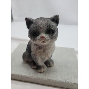 Vintage Cat Figurine Flocked Gray with Green Eyes 5 1/2”